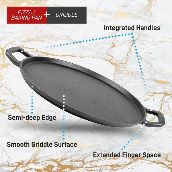 Nutrichef 13" Cast Iron Pizza Pan - Versatile Pre-Seasoned Griddle W/ Handles
