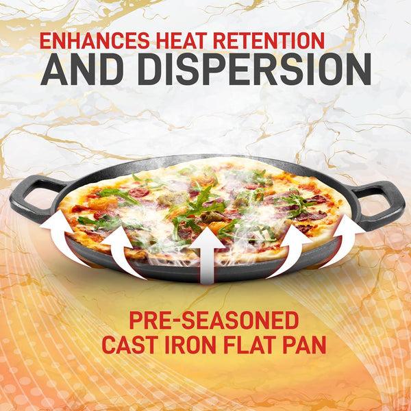 Nutrichef 13" Cast Iron Pizza Pan - Versatile Pre-Seasoned Griddle W/ Handles