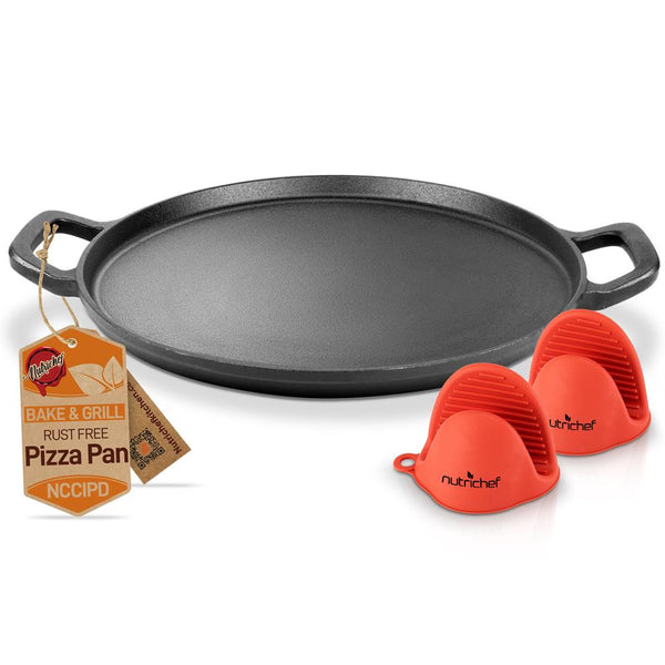 nutrichef 13" Cast Iron Pizza Pan - Versatile Pre-Seasoned Griddle w/ Handles