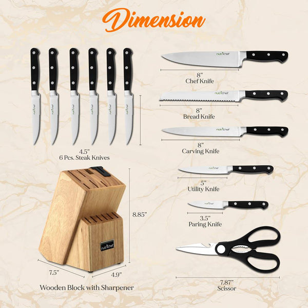 Nutrichef 13-Piece Knife Set With Block Precision German Steel Built-In Sharpener