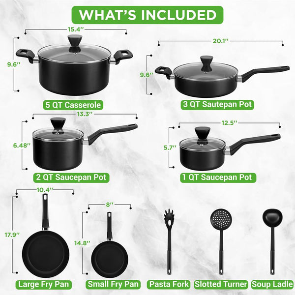 Nutrichef 13-Piece Nonstick Cookware Set - Even Heat Durable Coating Glass Lids