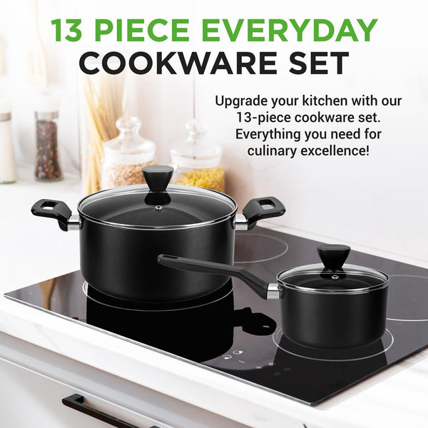 Nutrichef 13-Piece Nonstick Cookware Set - Even Heat Durable Coating Glass Lids