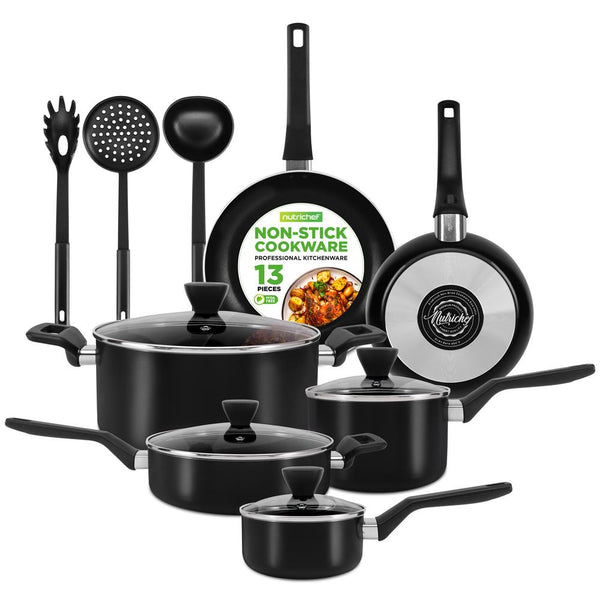 nutrichef 13-Piece Nonstick Cookware Set - Even Heat Durable Coating Glass Lids