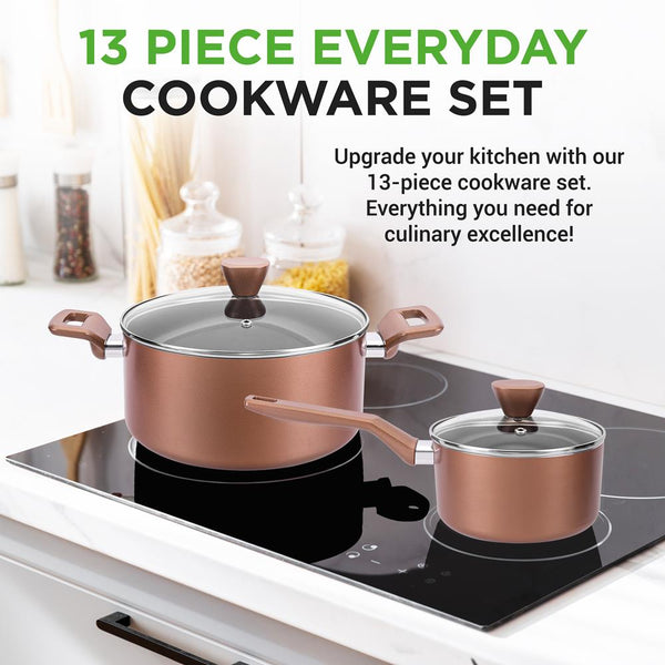 Nutrichef 13-Piece Nonstick Cookware Set Even Heat Durable Coating Brown