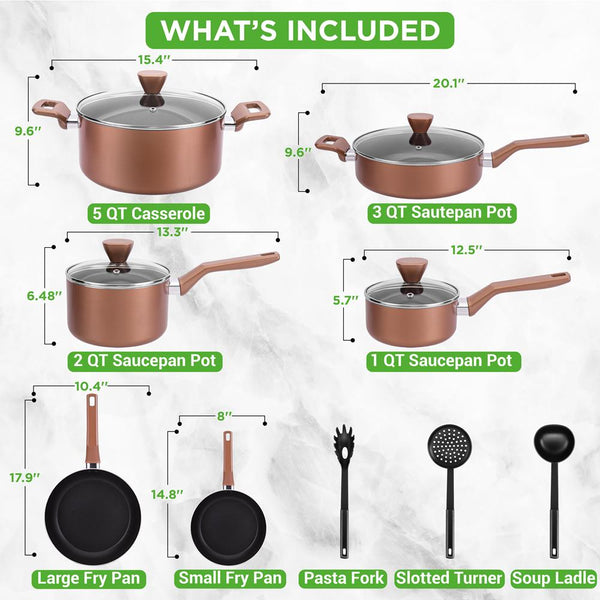 Nutrichef 13-Piece Nonstick Cookware Set Even Heat Durable Coating Brown