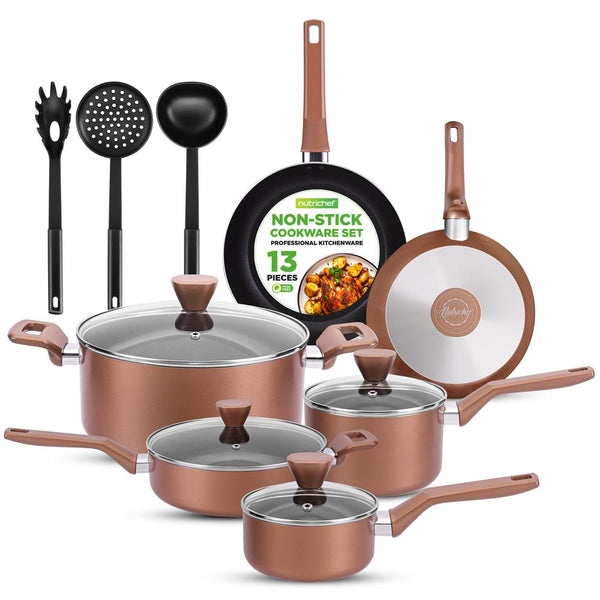 nutrichef 13-Piece Nonstick Cookware Set Even Heat Durable Coating Brown