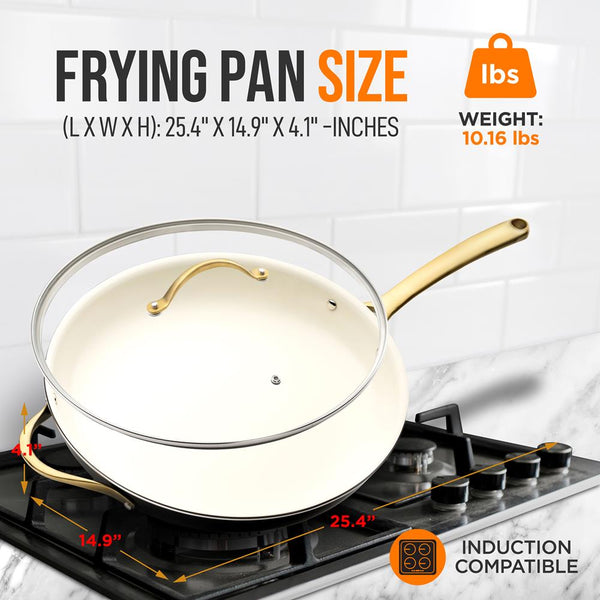 Nutrichef 14" Non-Stick Fry Pan With Lid Golden Titanium Handle Easy Clean