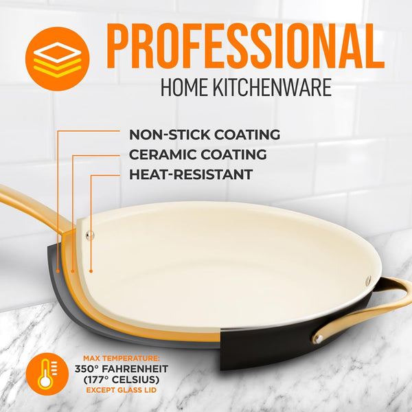 Nutrichef 14" Non-Stick Fry Pan With Lid Golden Titanium Handle Easy Clean