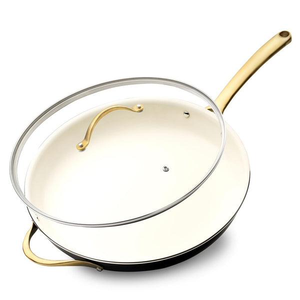 nutrichef 14" Non-Stick Fry Pan with Lid Golden Titanium Handle Easy Clean