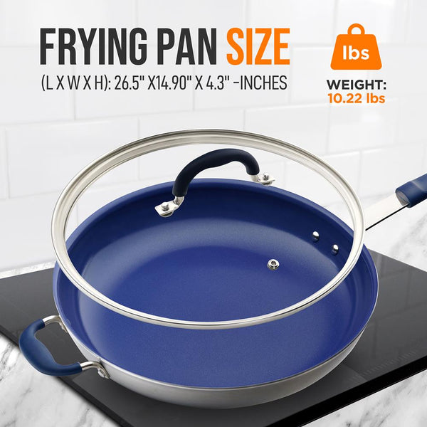 Nutrichef 14" Nonstick Fry Pan With Lid - Easy Clean Ceramic Blue Silicone Handle