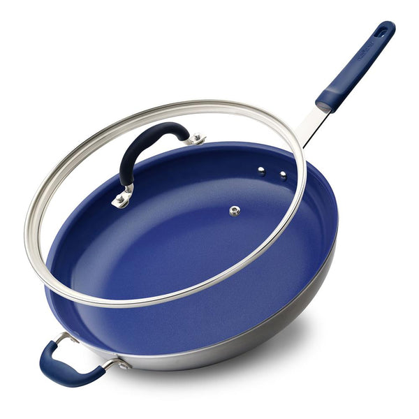 nutrichef 14" Nonstick Fry Pan with Lid - Easy Clean Ceramic Blue Silicone Handle