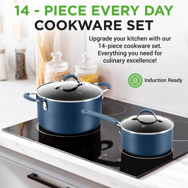 Nutrichef 14-Piece Cookware Set - Even Heat Non-Stick Coating Navy Blue