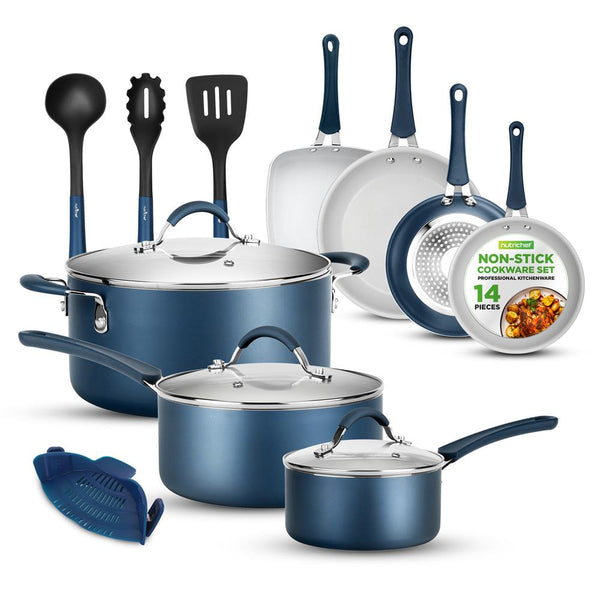 nutrichef 14-Piece Cookware Set - Even Heat Non-Stick Coating Navy Blue