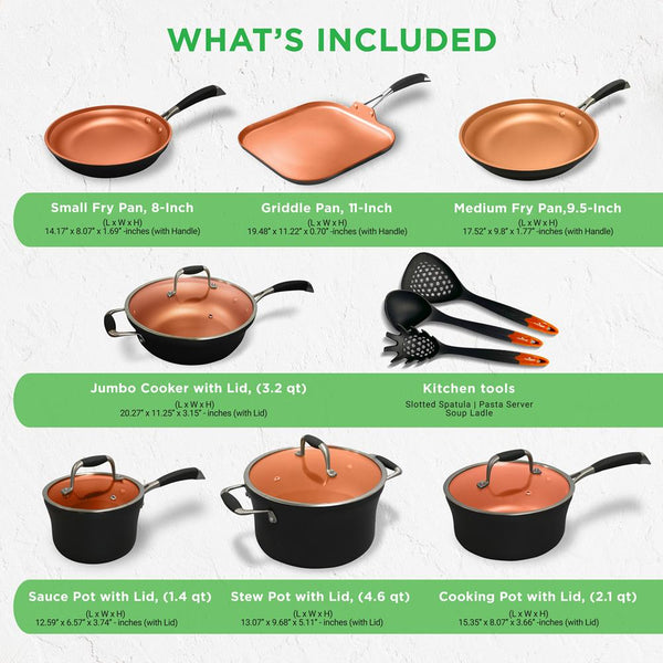 Nutrichef 14-Piece Non-Stick Cookware Set - Even Heat Copper Coating Silicone Handles