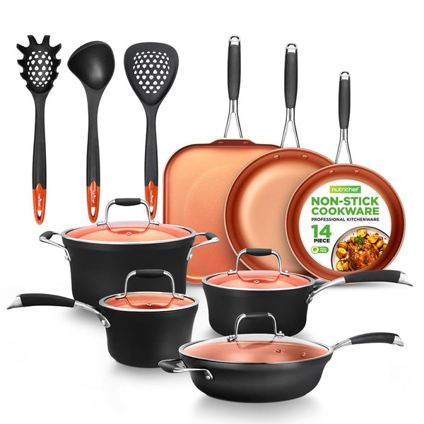nutrichef 14-Piece Non-Stick Cookware Set - Even Heat Copper Coating Silicone Handles