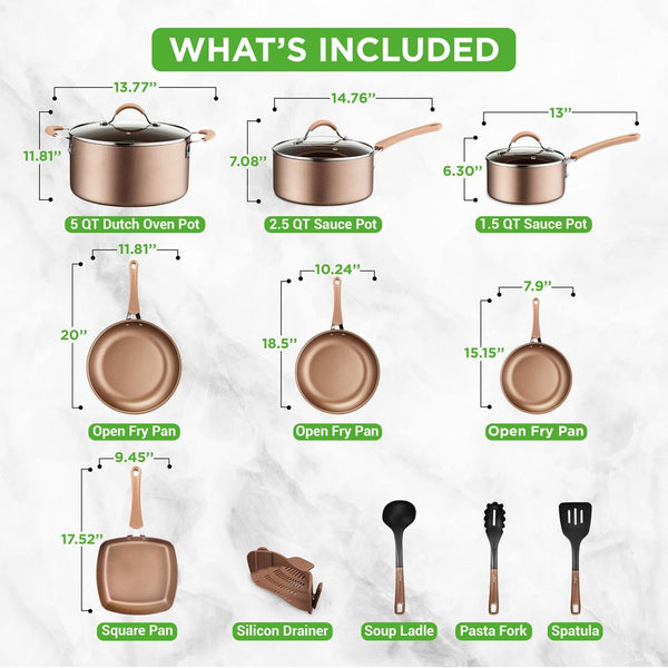 Nutrichef 14-Piece Nonstick Cookware Set Even Heat Golden