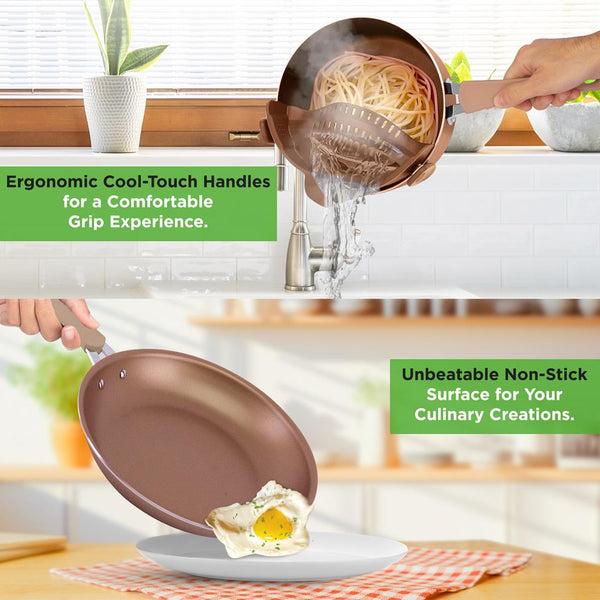 Nutrichef 14-Piece Nonstick Cookware Set Even Heat Golden