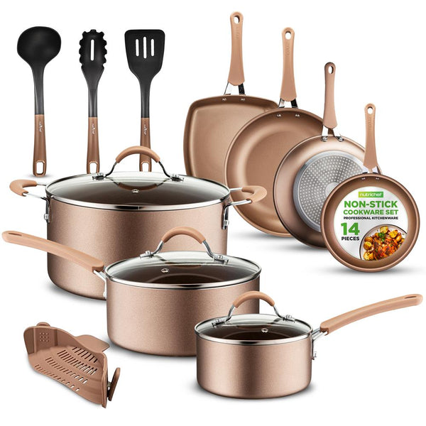 nutrichef 14-Piece Nonstick Cookware Set Even Heat Golden