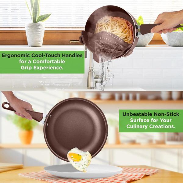 Nutrichef 14-Piece Nonstick Cookware Set - Even Heat Scratch-Resistant Brown