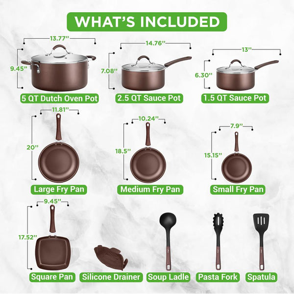 Nutrichef 14-Piece Nonstick Cookware Set - Even Heat Scratch-Resistant Brown