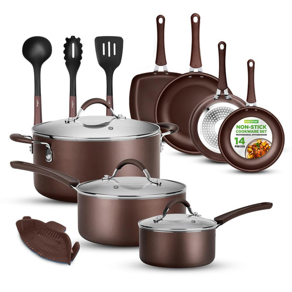 nutrichef 14-Piece Nonstick Cookware Set - Even Heat Scratch-Resistant Brown