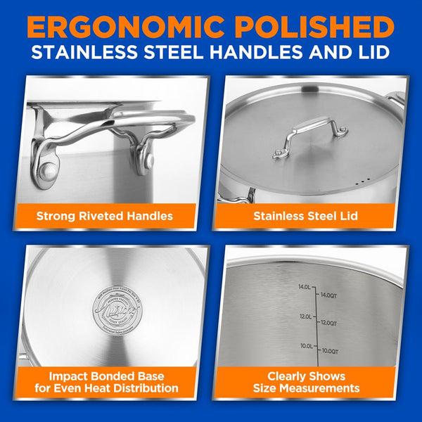 Nutrichef 14 Qt Stock Pot - Even Heat Induction Ready Stainless Steel