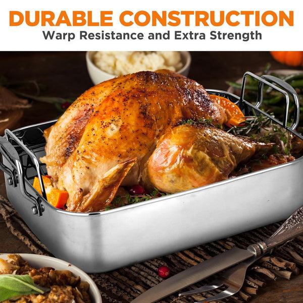 Nutrichef 14" Stainless Steel Roasting Pan Warp Resistant Polished Rack