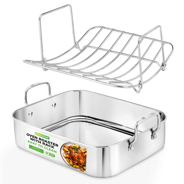 nutrichef 14" Stainless Steel Roasting Pan Warp Resistant Polished Rack