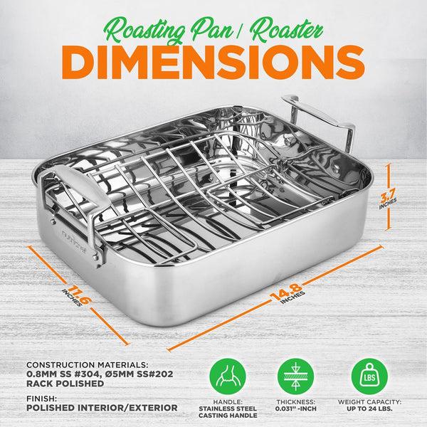 Nutrichef 14" Stainless Steel Roasting Pan With Rack Oven Safe Easy Clean