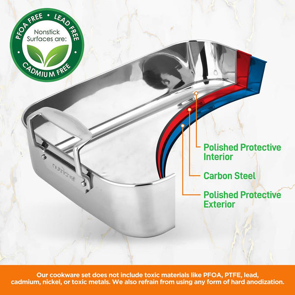 Nutrichef 14" Stainless Steel Roasting Pan With Rack Oven Safe Easy Clean