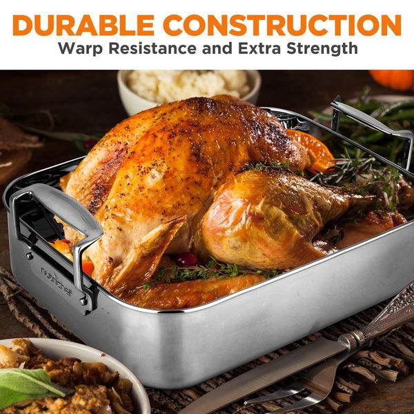 Nutrichef 14" Stainless Steel Roasting Pan With Rack Oven Safe Easy Clean