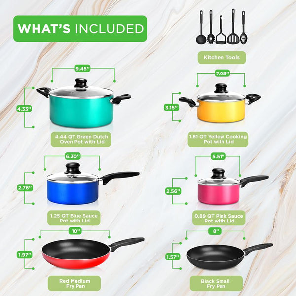 Nutrichef 15-Piece Non-Stick Cookware Set Even Heat Colorful Lacquer Finish