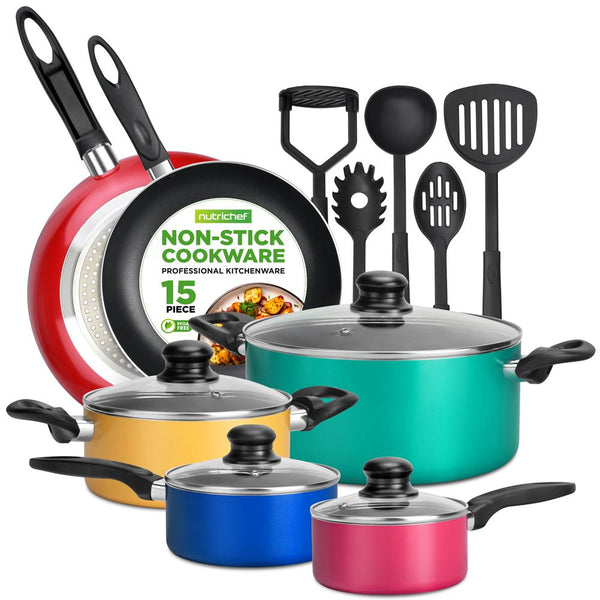 nutrichef 15-Piece Non-Stick Cookware Set Even Heat Colorful Lacquer Finish