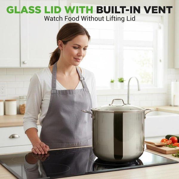 Nutrichef 15-Quart Stainless Steel Stock Pot Induction Safe Tempered Glass Lid
