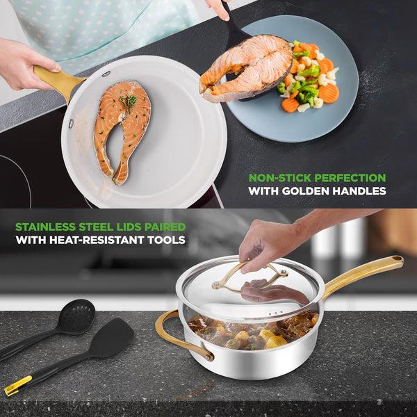 Nutrichef 16-Piece Non-Stick Cookware Set Even Heat Stainless Steel Golden Handles