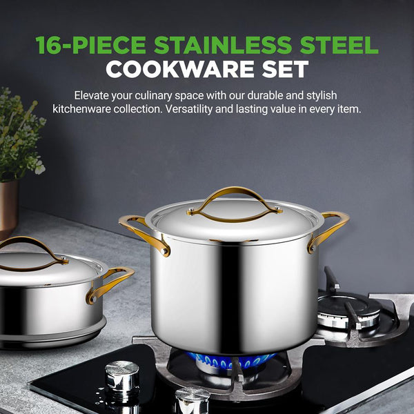 Nutrichef 16-Piece Non-Stick Cookware Set Even Heat Stainless Steel Golden Handles