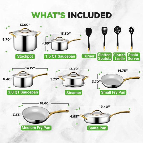 Nutrichef 16-Piece Non-Stick Cookware Set Even Heat Stainless Steel Golden Handles