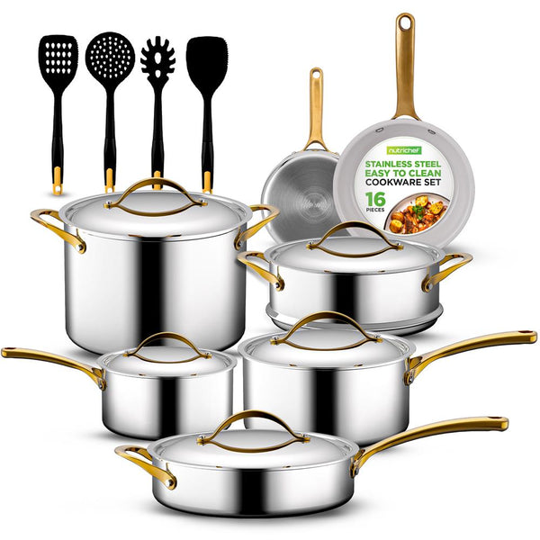 nutrichef 16-Piece Non-Stick Cookware Set Even Heat Stainless Steel Golden Handles