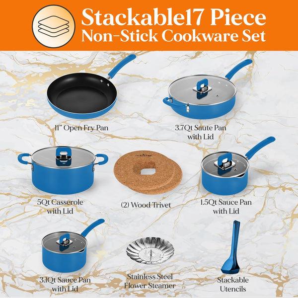 Nutrichef 17-Pc Non-Stick Cookware Set Space-Saving Induction Base Blue