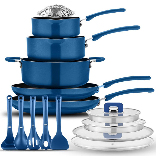 nutrichef 17-Pc Non-Stick Cookware Set Space-Saving Induction Base Blue