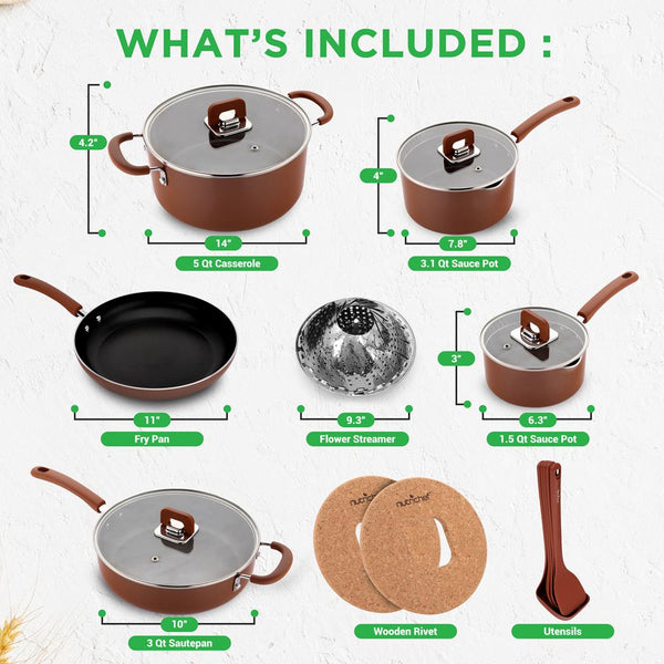 Nutrichef 17-Piece Nonstick Cookware Set Space-Saving Stackable Design Brown