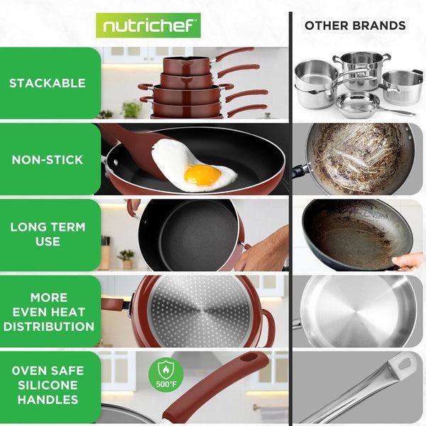 Nutrichef 17-Piece Nonstick Cookware Set Space-Saving Stackable Design Brown