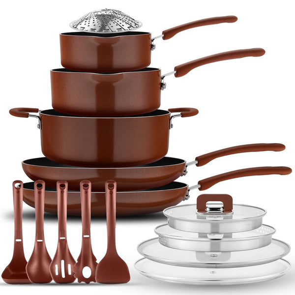 nutrichef 17-Piece Nonstick Cookware Set Space-Saving Stackable Design Brown