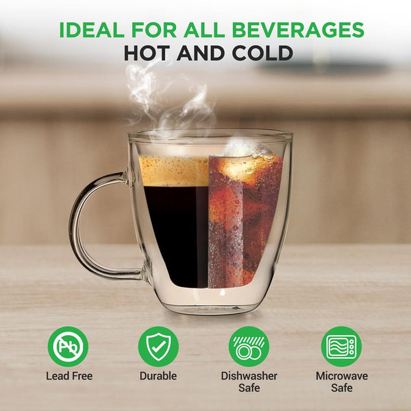 Nutrichef 2 Pcs. Of Clear Glass Coffee Mug - Elegant Clear Glasses With Convenient Handles For Hot And Cold Drinks