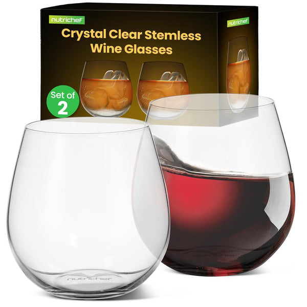 nutrichef 2 Pcs. Of Crystal-Clear Stemless Wine Glass - Ultra Clear And Thin Elegant Clear Wine Glasses Hand Blown