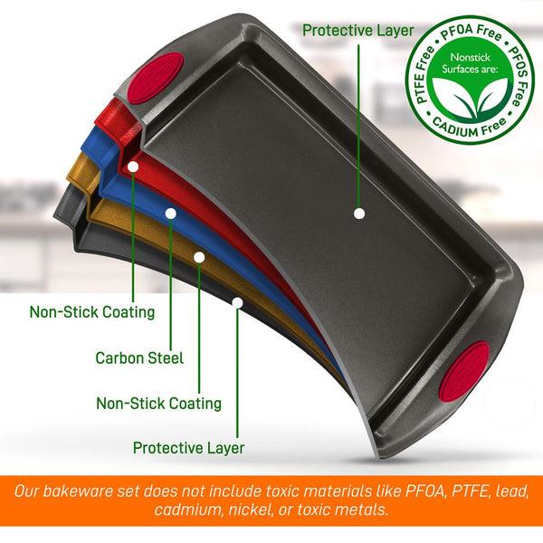 Nutrichef 2-Piece Nonstick Baking Pan Set Even Heat Carbon Steel Red Handles