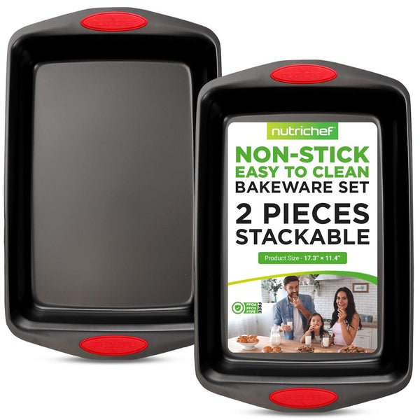 nutrichef 2-Piece Nonstick Baking Pan Set Even Heat Carbon Steel Red Handles