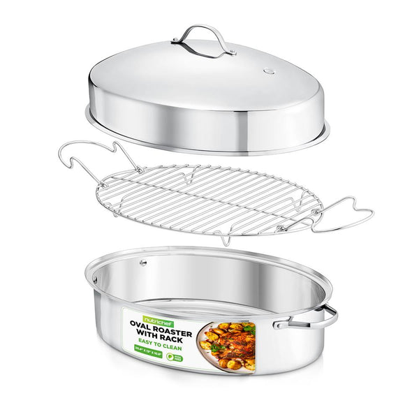 nutrichef 20" Oval Roasting Pan - Tender Roasts - Stainless Steel Dishwasher Safe