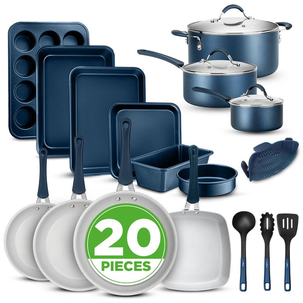 nutrichef 20 Pc Kitchen Set - Even Cooking Non-Stick Coating Navy Blue