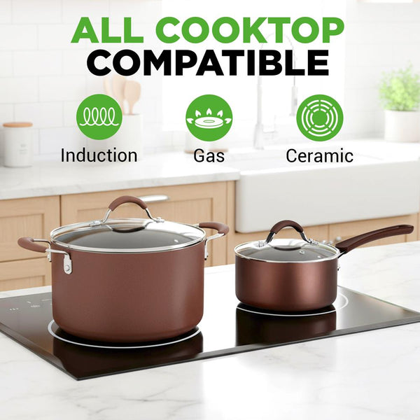 Nutrichef 20-Piece Non-Stick Cookware Set Even Heat Cool-Touch Handles Brown